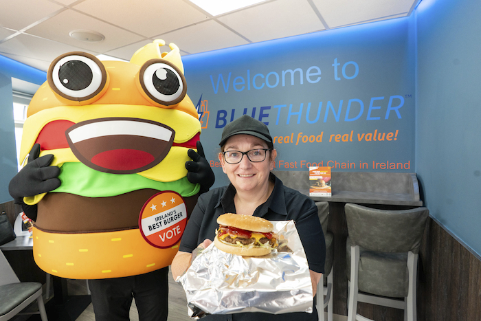 Best Burger: Bernie Naughton, staff member at Blue Thunder, Claremorris, with Benny the Burger celebrating National Burger Day. Photo: Keith Heneghan.