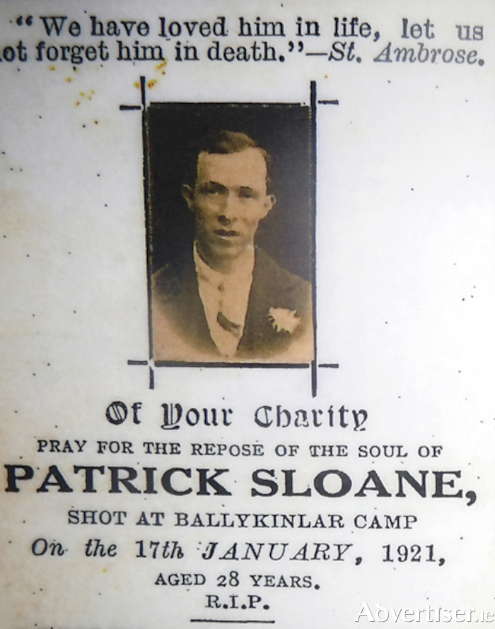 A segment from a memorial card for Patrick Sloane, shot dead by the Crown forces in January 1921 (photo provided by Eamon Doyle).