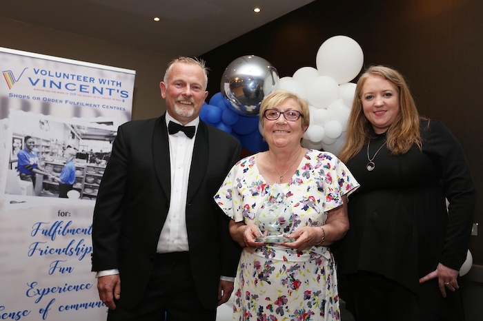 SVP National Retail Conference and Awards Breege Heneghan, Vincent’s Claremorris is pictured here receiving her Volunteer of the Year award from Dermot McGilloway, SVP National Retail Development manager and Caroline McGrath SVP West Region Retail Manager.