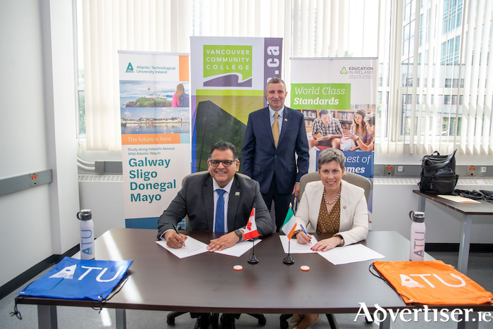 Pictured at the signing of the ATU MOU signings in Vancouver Community College (VCC) were L to R: President Ajay Patel, Minister Niall Collins, and ATU President Dr Orla Flynn.
