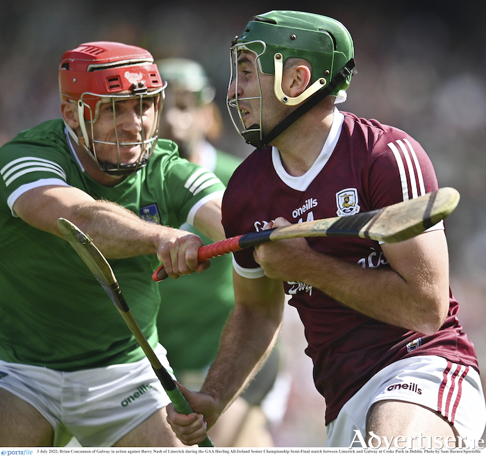 Galway's Brian Concannon against Barry Nash of Limerick in the All-Ireland Senior Hurling Championship semi-final  at Croke Park in Dublin. Photo by Sam Barnes/Sportsfile