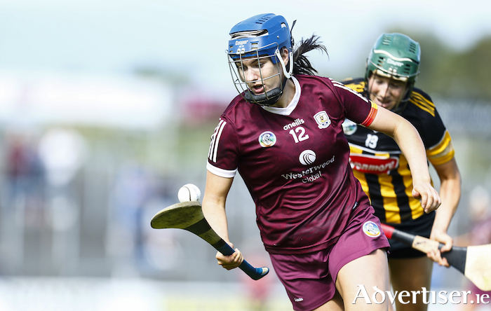  Niamh Hanniffy helps Galway book their semi-final place in the Glen Dimplex All-Ireland Senior Camogie Championship round five clash against Kilkenny at Kenny Park, Athenry. 
PHOTO: ©INPHO/Ashley Cahill