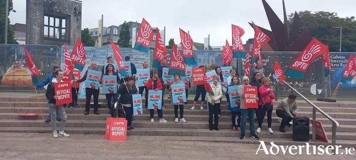 Siptu cpmmunity workers at the march at Eyre Square yesterday.
