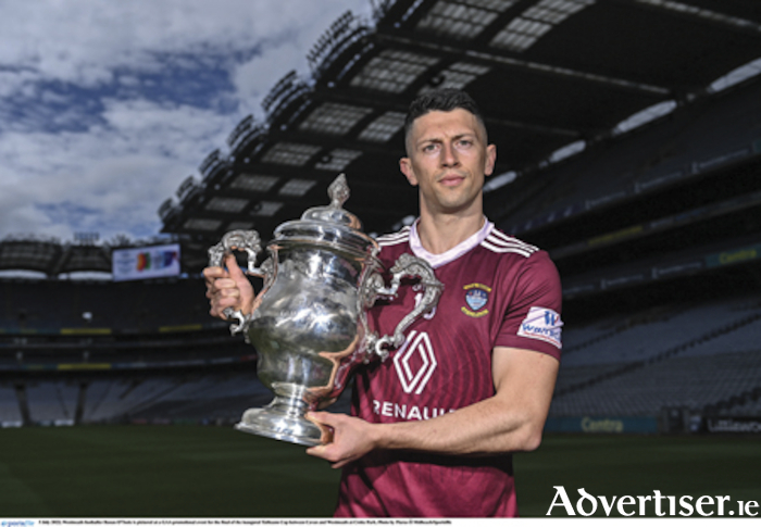 Influential Westmeath playmaker, Ronan O’Toole, is pictured with the Tailteann Cup during the recent media promotion day in Croke Park.  Photo by Piaras O’Midheach/Sportsfile