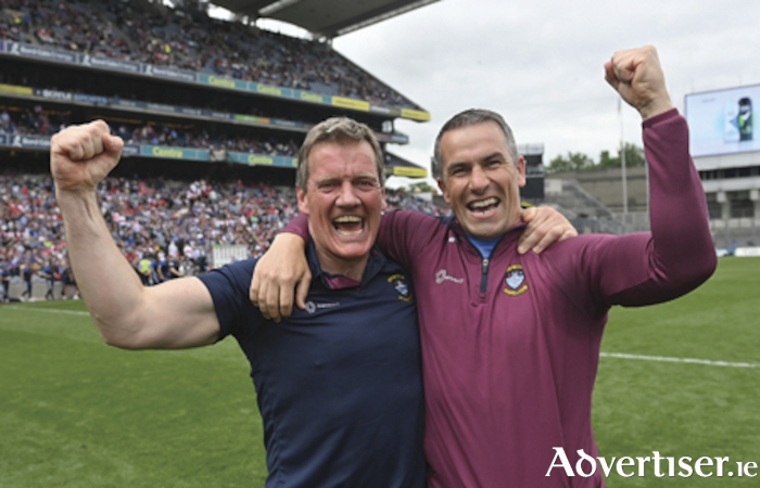 An image which encapsulates that winning feeling as team manager Jack Cooney, and selector, Dessie Dolan, celebrate following Westmeath’s Tailteann Cup final victory on Saturday in Croke Park.  Photo by Seb Daly/Sportsfile.
