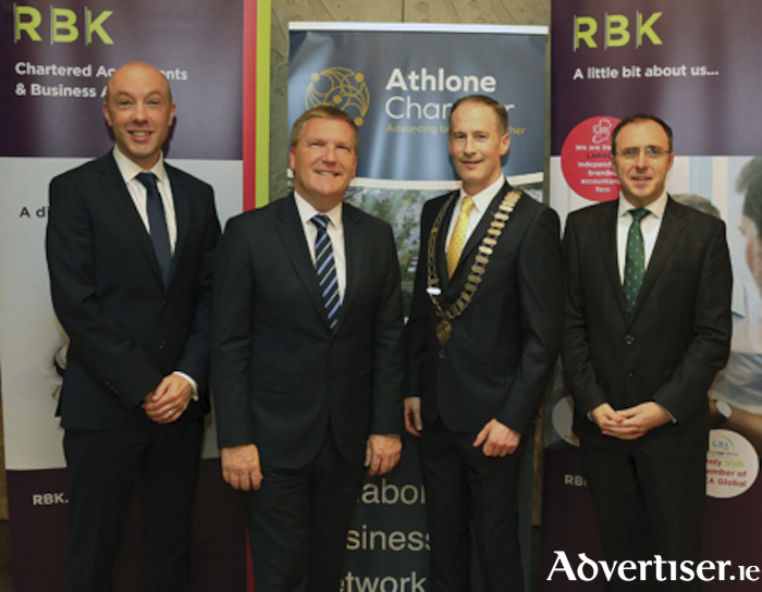 Pictured at the Athlone Chamber and RBK hosted pre-Budget business breakfast were, l-r, Brian Feeney, Partner, RBK, Minister Michael McGrath, Alan Shaw, President, Athlone Chamber and Minister Robert Troy
