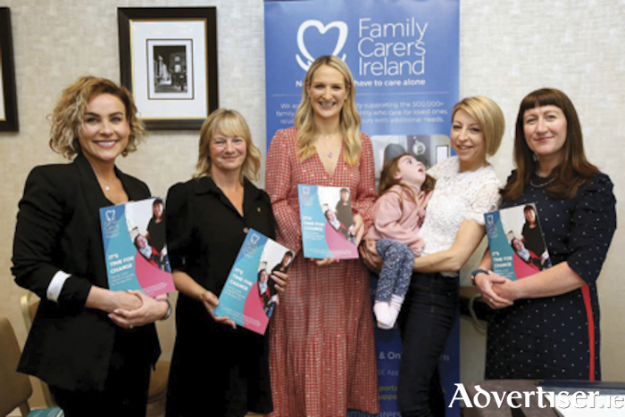 Pictured is Family Carer Tracy Carroll and her five-year-old daughter Willow, with Minister for Justice, Helen McEntee TD, and (from left) Family Carers Ireland’s Clare Duffy, Policy and Public Affairs Manager, Catherine Cox, Head of Communications and Policy, and Dr. Nikki Dunne, Research Manager, at the launch of Family Carers Ireland’s State of Caring Report 2022 and its Pre-Budget Submission 2023, which is calling for a complete overhaul of the Carer’s Allowance scheme and the abolition of the means test. PHOTO: Mark Stedman
