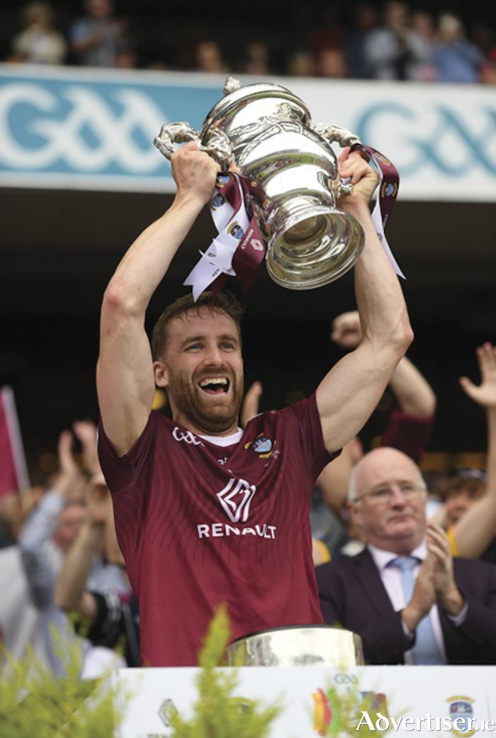 Caulry club player and Westmeath captain, Kevin Maguire, raises the Tailteann Cup aloft following Westmeath’s historic success at the weekend. Westmeath County Council Cathaoirleach, Cllr Aengus O’Rourke has lauded the players and management for their collective efforts. Photo by Ray McManus/Sportsfile