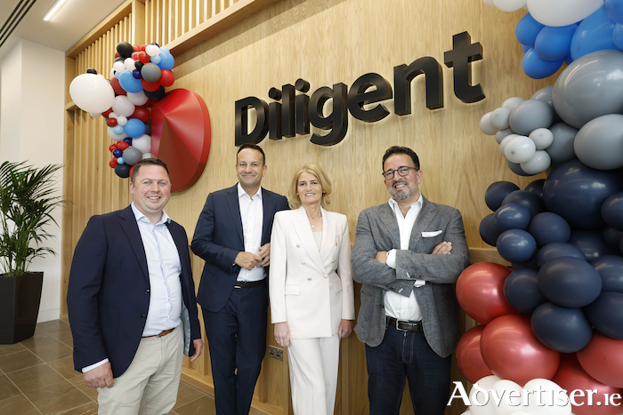 Pictured at the official opening of Diligent's new European hub at Bonham Quay in Galway were Ruairí Conroy, Site Lead, Diligent, Tánaiste Leo Varadkar TD, Mary Buckley, IDA Ireland and Diligent CEO, Brian Stafford. 
Picture Conor McCabe Photography.