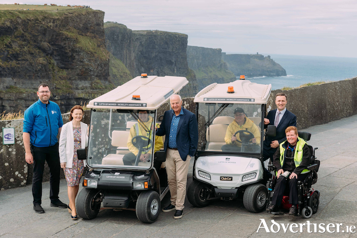 Pictured at the Cliffs of Moher (L-R) Mark O’Shaughnessy (Head of Operations); Geraldine Enright, Director, Niall Hegarty, Customer Service Agent; Paul Hogan, Customer Service Agent; Bobby Kerr, Chair of the Board of Cliffs of Moher Centre DAC; Leonard Cleary, Director of Rural Development & West Clare Municipal District, Clare County Council; and Patricia McNamara - Customer Service Agent. Photo Eamon Ward.

