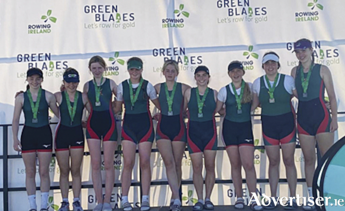 The Athlone Boat Club Junior 14 ladies who achieved gold medal success in the club’s first ever Octuplet Scull event participation at the National Rowing Championships