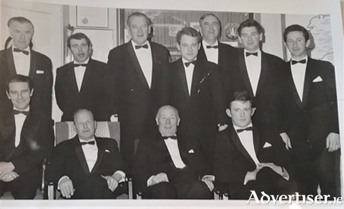 Reeling in the years at an Athlone RFC dinner dance during the early 1970s.  Pictured back row, l-r, Michael T Byrne, Dermot Fitzpatrick, Peter Shiel, Noel Ryan, Pat Creagh, Paul Sheeran and Matt Vaughan.  Front row, l-r,  Enda O’Rourke, Sean Cawley, Jim Keane (club president) and Egbert Moran (who celebrated his 80th birthday recently).
