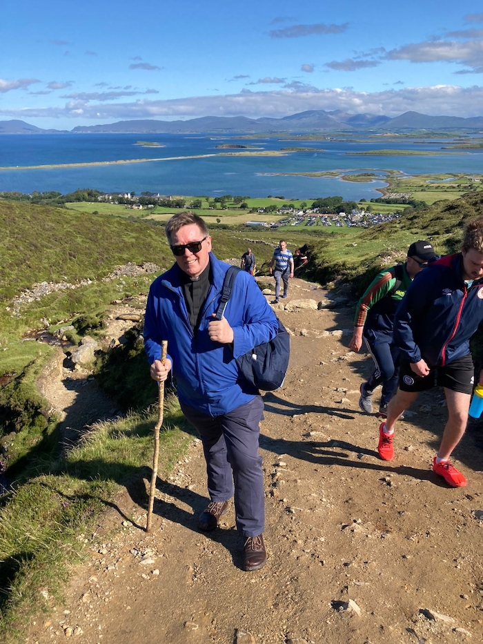 Archbishop of Tuam, Dr Francis Duffy, pictured climbing Croagh Patrick on Sunday. Photo: CYMI.
