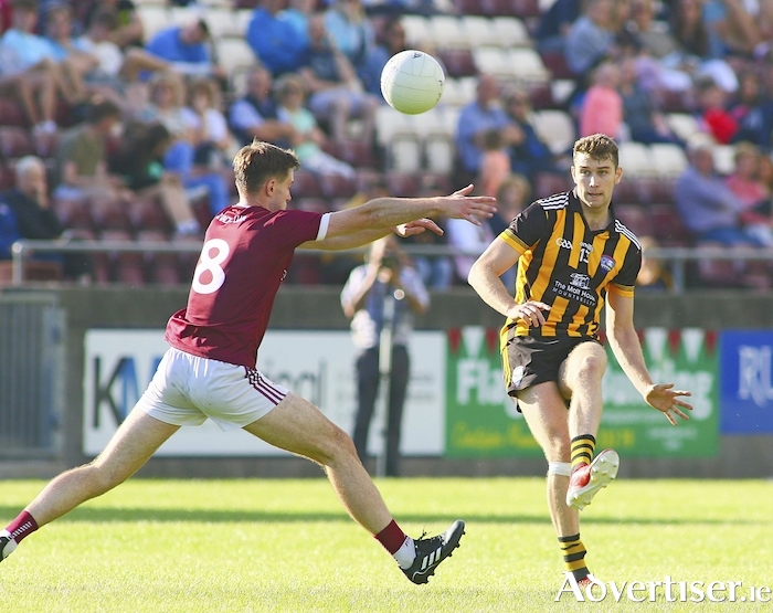 Annaghdown's Eoin Curry fails to block Patrick Kelly of Mountbellew/ Moylough in action from the Galway Senior Football Championship Group B game at Tuam Stadium on Sunday. Kelly scored two goals in the game which ended 2-13 to 0-13 points in favour of the county champions. Photo:- Mike Shaughnessy 
