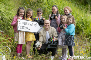 Pictured launching the programme of events with some young friends, is Connemara native - the multi award-winning film maker and Ifta-nominated actor Tristan Heanue, who will premiere Clifden Arts Festival&rsquo;s specially commissioned film installation inspired by the Connemara landscape, the word-scape of James Joyce with the world-renowned screen and theatre icon Olwen Fouere.
Photo: Andrew Downes, xposure