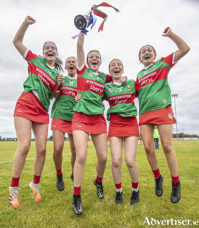 Jumping for joy: Mayo’s Cathy Greally, Laura Flanagan, Laoise Greally, Eabha Delaney and Kate Tener celebrate winning the All Ireland title. Photo: Inpho 