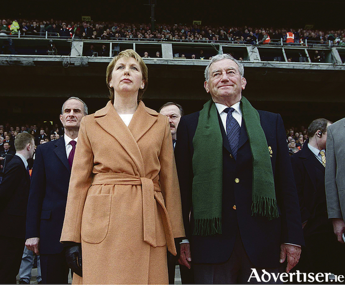 The President of Ireland, Mary McAleese, stands for the Presidential Salute, alongside the late Don Crowley, President of the Irish Rugby Football Union, at the Six Nations Rugby Championship, Ireland v England game in Lansdowne Road, Dublin in 2003.
Photo by Brendan Moran/Sportsfile