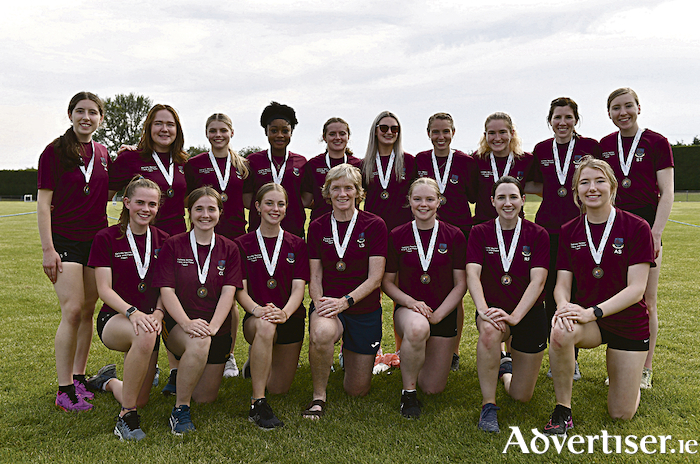 The Galway County team with their bronze medals after finishing third in the premier women's competition during the AAI National Outdoor League Final at Tullamore, Offaly. Photo by Sam Barnes/Sportsfile. Back row left to right - Aine O’Farrell, Ella Rafferty, Nicole Quirke, Diana Owusu, Laura Nally, Nicole Walsh, Sinead Gaffney, Leah Kivlehan, Sarah Finnegan, Sinead Treacy. 
Front row left to right - Alix Joyce, Caitlin Griffin, Caoimhe Farrell, Mary Barrett, Aoibhin Farrell, Rachel Finnegan, Aoife Sheedy. 