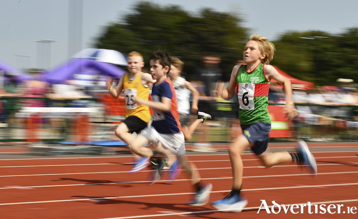 Running for glory: Donnacha Ronan from Kilmaine, Mayo, competing in the boys 200m U10 & O8 during the Aldi Community Games National Track and Field Finals. Photo: Sportsfile.