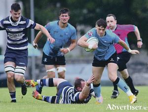 Galwegians Darragh Kennedy sidesteps Corinthians Daithi Joyce in action from the Connacht Senior League game at Crowley Park on Saturday. Photo:- Mike Shaughhnessy