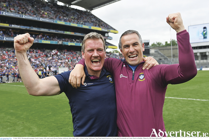 Departing Westmeath senior football manager, Jack Cooney, is pictured with team selector, Dessie Dolan, following the Lake County's Tailteann Cup success in July.  Photo by Seb Daly/Sportsfile