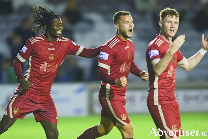 Delight, Max Hemmings (centre) celebrates scoring Galway United's second goal against UCD in action from the Extratime.ie FAI Senior Men's Cup game at Eamonn Deacy Park on Friday night. Photo:- Mike Shaughnessy