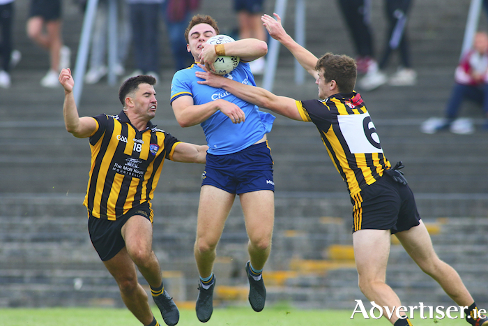 No way through: Salthill Knocknacarra's Daniel O'Flaherty is challenged by the Mountbellew Moylough duo of Gary Sweeney and John Daly in action from the Bon Secours Senior Football Championship game at Tuam  Stadium on Sunday. Photo- Mike Shaughnessy