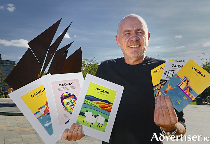 Galway graphic designer Mike Fitzpatrick with his range of Galway themed posters and postcards which he is launching along with his Pub Post service. Photo:- Mike Shaughnessy