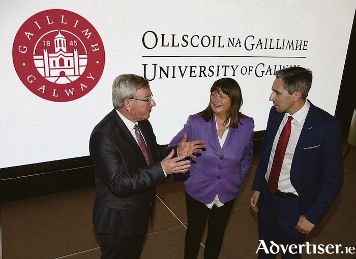 President of the University of Galway, Professor Ciarán Ó hÓgartaigh; Máire Geoghegan-Quinn, Chair of the Governing Authority of University of Galway;  and Minister for Further and Higher Education, Research, Innovation and Science Simon Harris T.D. Credit - Aengus McMahon.