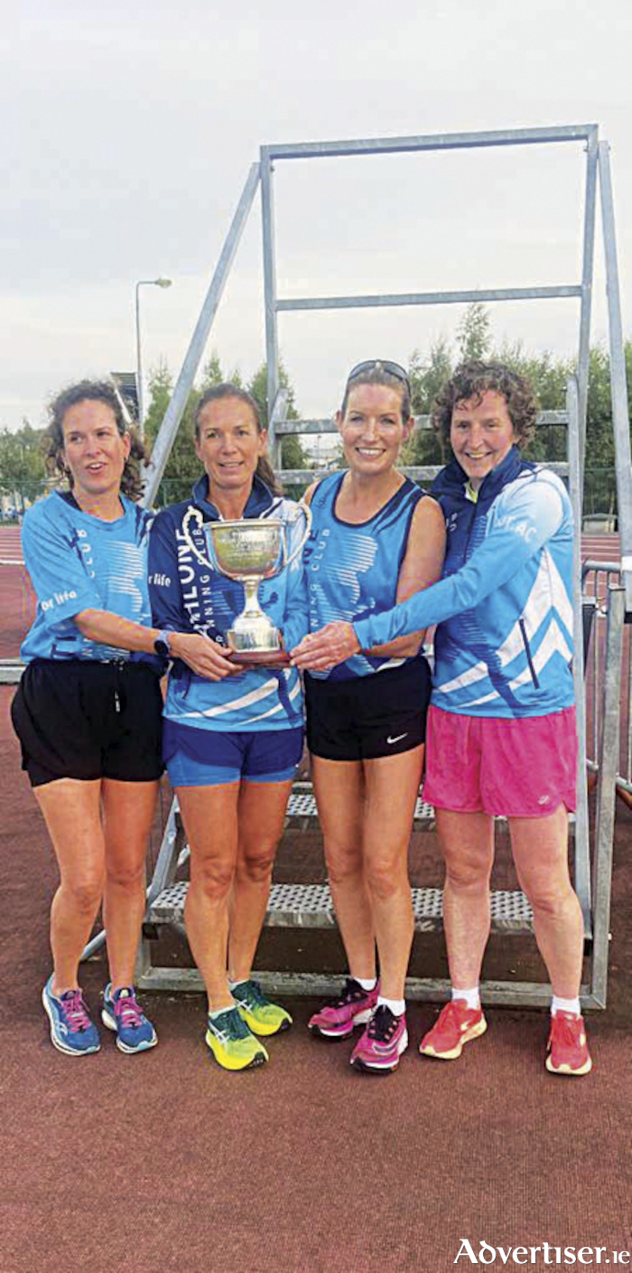 Athlone Athletics Club representatives Emer Gaffey, Lisa O'Rourke, Theresa Hughes and Triona Kinane, are pictured with the Phylis Delaney Cup following the club's recent Tullamore half marathon race success