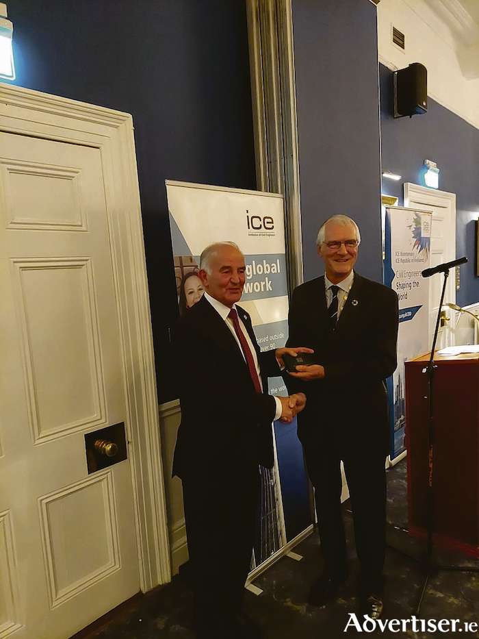 Keith Elliott (right) Chair of the ICE Republic of Ireland region and Murt Coleman (FIEI) (left), member of the Gluas Light Rail for Galway committee and formerly of Irishenco Ltd are pictured at the National Yacht Club in Dun Laoghaire, where Mr Coleman was honoured with a Lifetime Achievement Award.