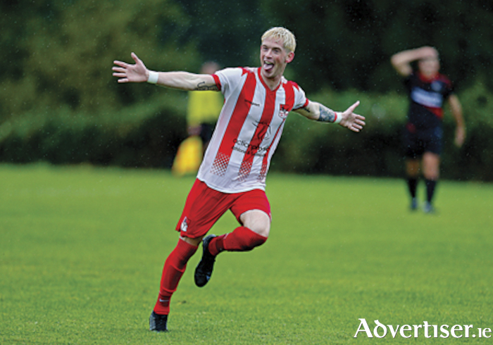 Dylan Jinks celebrates scoring Monksland United’s second goal against Mullingar Town in Sundays CCFL clash at Cushla Park.  Photograph by Ashley Cahill Images.