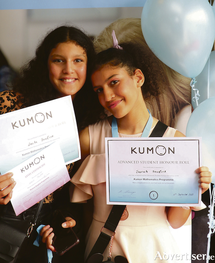 Laila and Sarah Tawfick at the Kumon awards ceremony in the Menlo Park Hotel on Sunday. Photo: Mike Shaughnessy.