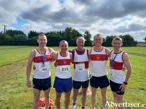 GCH National Half Marathon Masters men&#039;s team that won bronze: L to R Ger Cuddy, Diarmaid Hennessey, Danny Carr, Peter Gaffey and Tony O Connor. Missing is Arkadiusz Skupin.