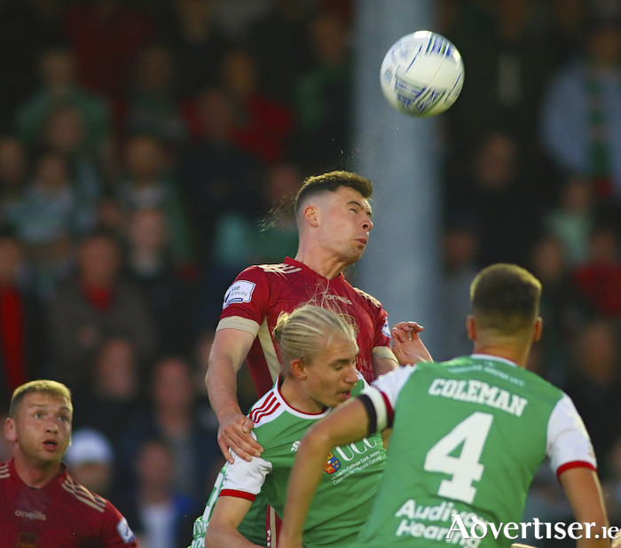 Galway United goalscorer Charlie Lyons and Cork City FC's Jonas Hakkinen in action from the SSE Airtricity League game at Eamonn Deacy Park on Friday night. Photo:- Mike Shaughnessy