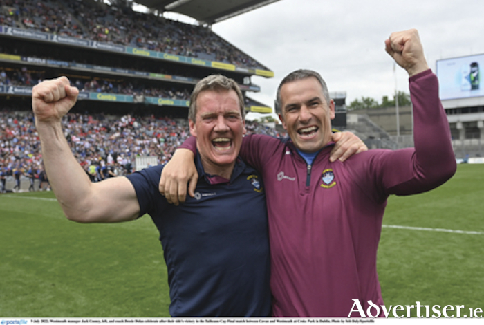 Dessie Dolan was expected to be ratified as the new Westmeath senior football manager last night.  Dessie is pictured with former manager, Jack Cooney, following the Lake County’s Tailteann Cup success in July.  Photo by Seb Daly/Sportsfile