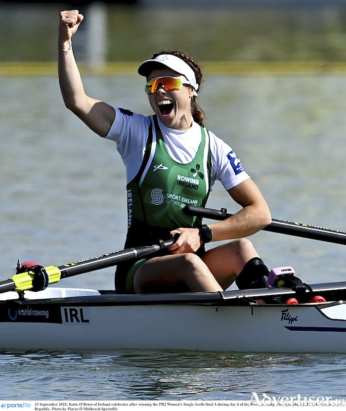 What a moment for Katie O'Brien of Ireland as she celebrates winning the PR2 Women's Single Sculls at the World Rowing Championships 2022 at Racice in Czech Republic. Photo by Piaras  Madheach/Sportsfile
