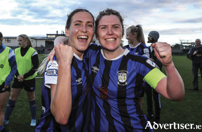 Athlone Town players, Maddie Gibson, left, and Laurie Ryan after their side’s victory in a 2022 EVOKE.ie FAI Women’s Cup Semi-Finals match between Athlone Town and Wexford Youths at Athlone Town Stadium in Westmeath. Photo by Michael P Ryan/Sportsfile