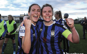 Athlone Town players, Maddie Gibson, left, and Laurie Ryan after their side&rsquo;s victory in a 2022 EVOKE.ie FAI Women&rsquo;s Cup Semi-Finals match between Athlone Town and Wexford Youths at Athlone Town Stadium in Westmeath. Photo by Michael P Ryan/Sportsfile