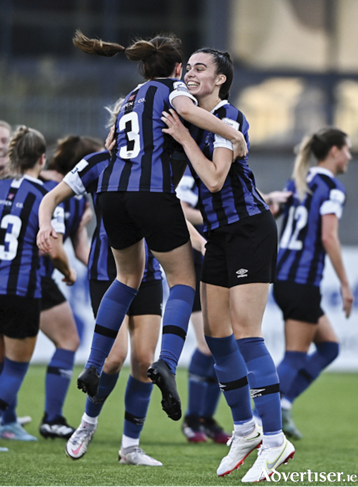 Athlone Town players, including Jessica Hennessy, right and Kayleigh Shine (number 3), celebrate their side’s second goal, scored by Gillian Keenan during the SSE Airtricity Women’s National League match between Athlone Town and Wexford Youths at Athlone Town Stadium in Westmeath. Photo by Sam Barnes/Sportsfile 