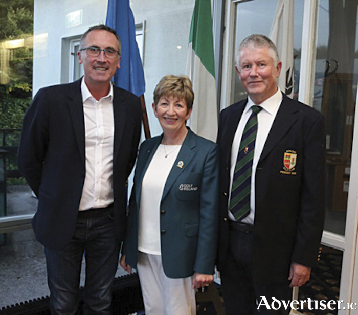 Aengus O’Rourke, Kay O’Loughlin, Lady President Golf Ireland and Sam Delaney President Athlone Golf Club, are pictured at the All Ireland club finals which took place at Athlone Golf Club recently
