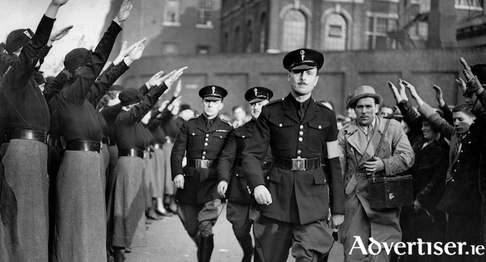 Taking the salute, Oswald Mosley at a British fascist rally shortly before the war.