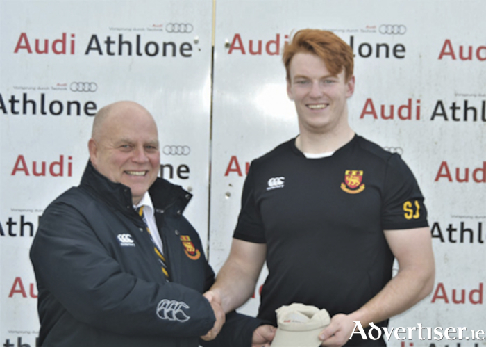 Shane Jennings is presented with his Audi Athlone ‘Man of the Match’ award by Buccaneers President, Billy McMickan