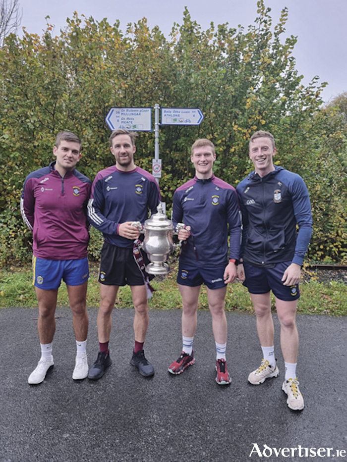 Westmeath senior footballers, Callum McCormack, Kevin Maguire (Caulry) and Shane Allen, Ray Connellan (Athlone) are pictured on the greenway at Tully during the Tailteann Trail sponsored relay on Sunday
