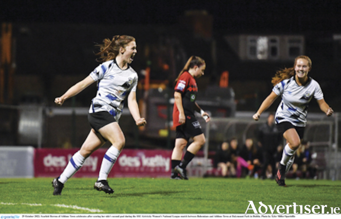 Scarlett Herron of Athlone Town celebrates after scoring her side's second goal during the SSE Airtricity Women's National League match between Bohemians and Athlone Town at Dalymount Park in Dublin. Photo by Tyler Miller/Sportsfile