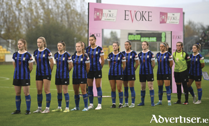 The Athlone Town team stand for the playing of the National Anthem before the EVOKE.ie FAI Women’s Cup Final match in Tallaght Stadium in Dublin. Photo by Stephen McCarthy/Sportsfile