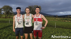 Top three men at the Connacht Cross Country Championships: (l-r)  Finley Daly of Sligo AC, second; winner Jamie Fallon of Craughwell AC, and John Moroney GCH, third.