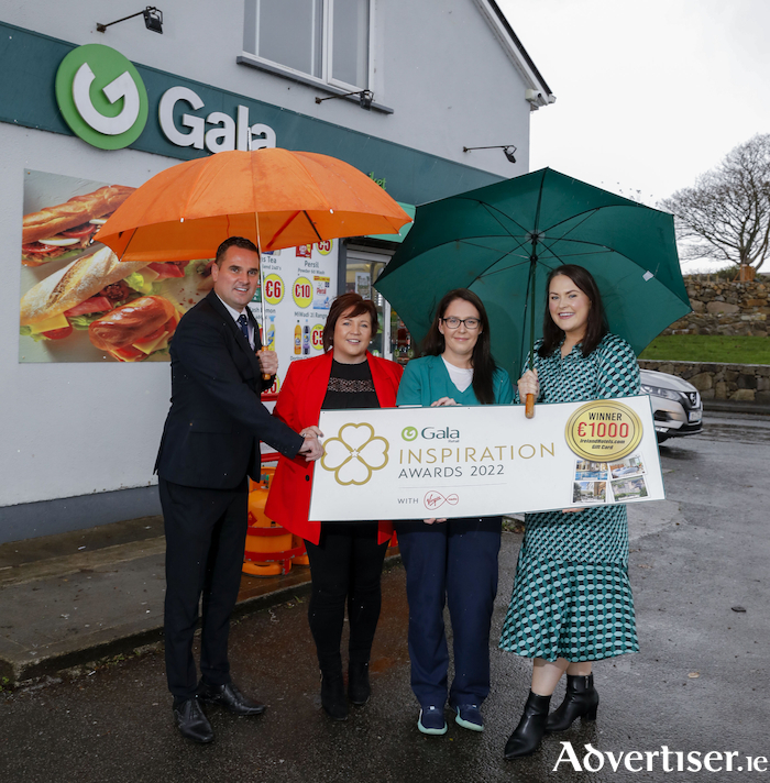 Pictured at McDonagh’s Gala, Connemara, are from left, Paddy Conway from Tuffy’s Wholesalers, Davina Dempsey, Retail Operations Executive at Gala Retail, Grainne Ni Lochlainn, Galway’s Most Inspirational Person and Anna McDonagh, store owner. 
