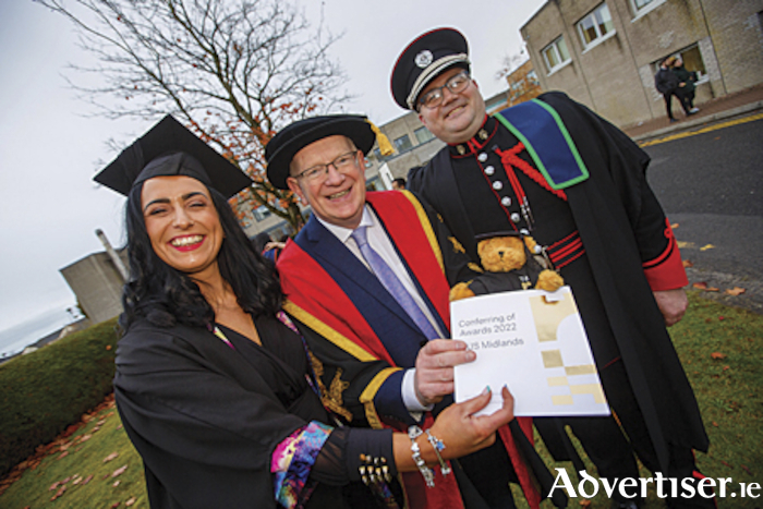 From TUS, with love: husband and wife, Alan and Nikkie Lawlor, are the first cross-campus couple to graduate from TUS. They are pictured with TUS President Professor Vincent Cunnane. Image: Jeff Harvey.
