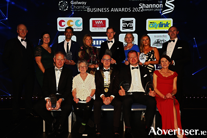 Winners of the Galway Chamber Business Awards in association with The Shannon Airport Group (L to R, Front Row) James McCormack, Western Motors; Garry Hynes, Druid; Dermot Nolan, President, Galway Chamber; Conor Coyne, Kylemore Abbey & Gardens; Mary Considine, CEO, The Shannon Airport Group. 
(L to R, Back Row) MCs for the evening Neil Johnson, Croí and Emer Joyce, L&J Tax. Umair Maqsood, EYE Cinema; Deirdre Hughes, BuyMedia; James Wall, MedScan3D, Fiona Hession, Galway Community Circus; Ciara Rosney, Citylink; Trevor Fox, HID
